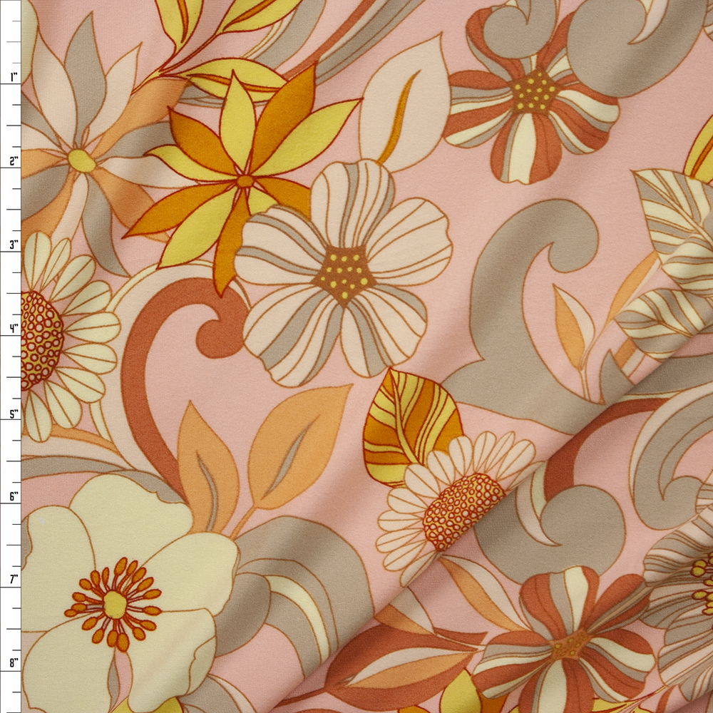 Retro Swirling Floral on Peach Double Brushed Poly/Spandex Knit Fabric By The Yard