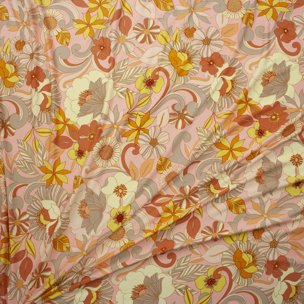 Retro Swirling Floral on Peach Double Brushed Poly/Spandex Knit Fabric By The Yard - Wide shot