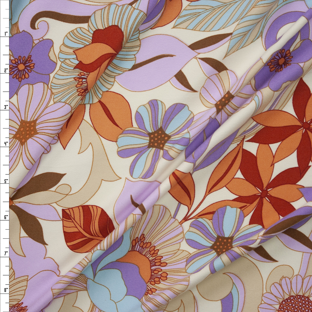 Retro Swirling Floral on Ivory Double Brushed Poly/Spandex Knit Fabric By The Yard