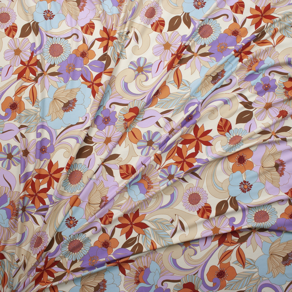 Retro Swirling Floral on Ivory Double Brushed Poly/Spandex Knit Fabric By The Yard - Wide shot