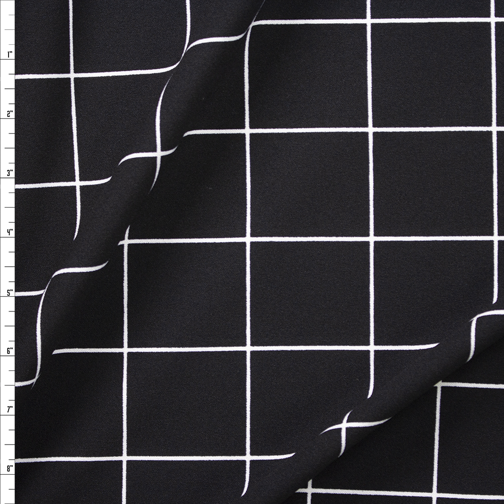 White Windowpane Check on Black Stretch Crepe Knit Fabric By The Yard
