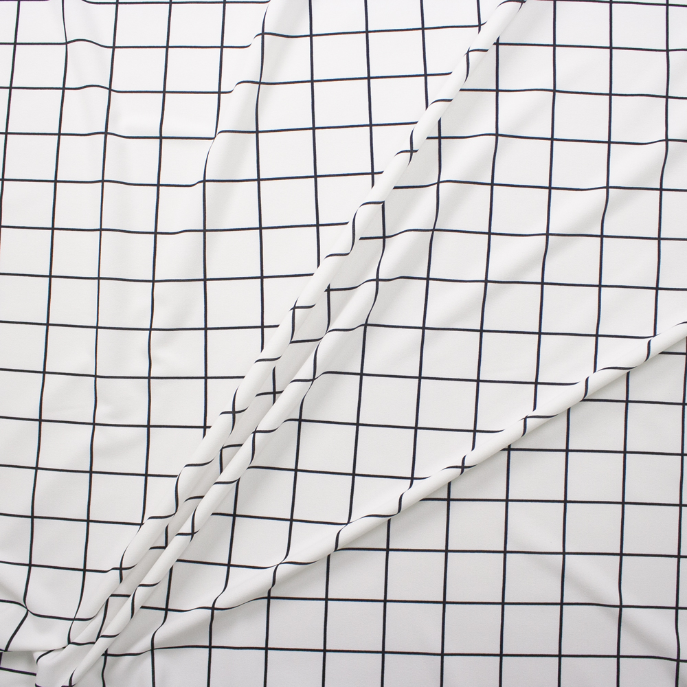 Black Windowpane Check on Offwhite Stretch Crepe Knit Fabric By The Yard - Wide shot