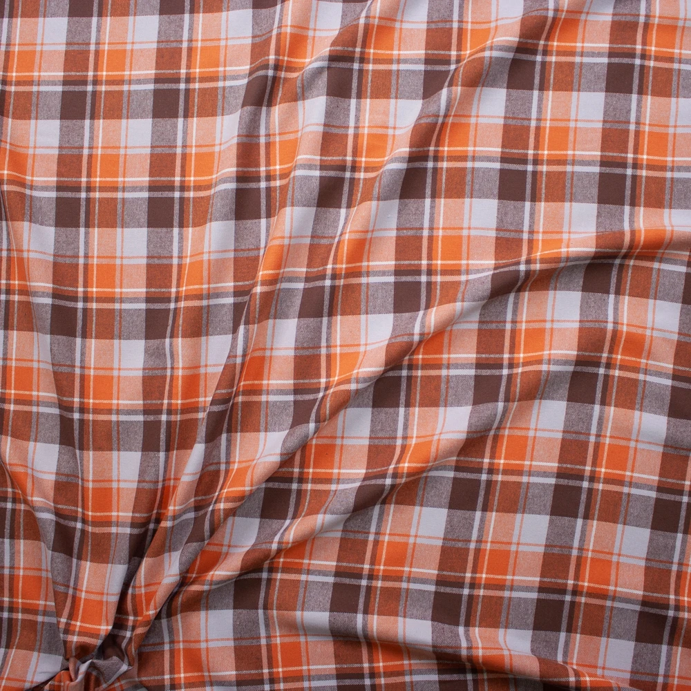 Brown, Orange, and Grey Plaid Midweight Flannel Fabric By The Yard - Wide shot