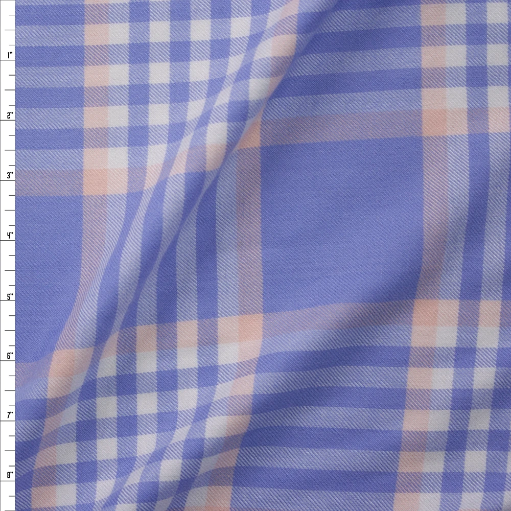 Periwinkle, Peach, and Offwhite Plaid Lightweight Rayon Flannel Fabric By The Yard