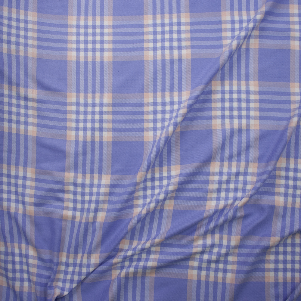 Periwinkle, Peach, and Offwhite Plaid Lightweight Rayon Flannel Fabric By The Yard - Wide shot