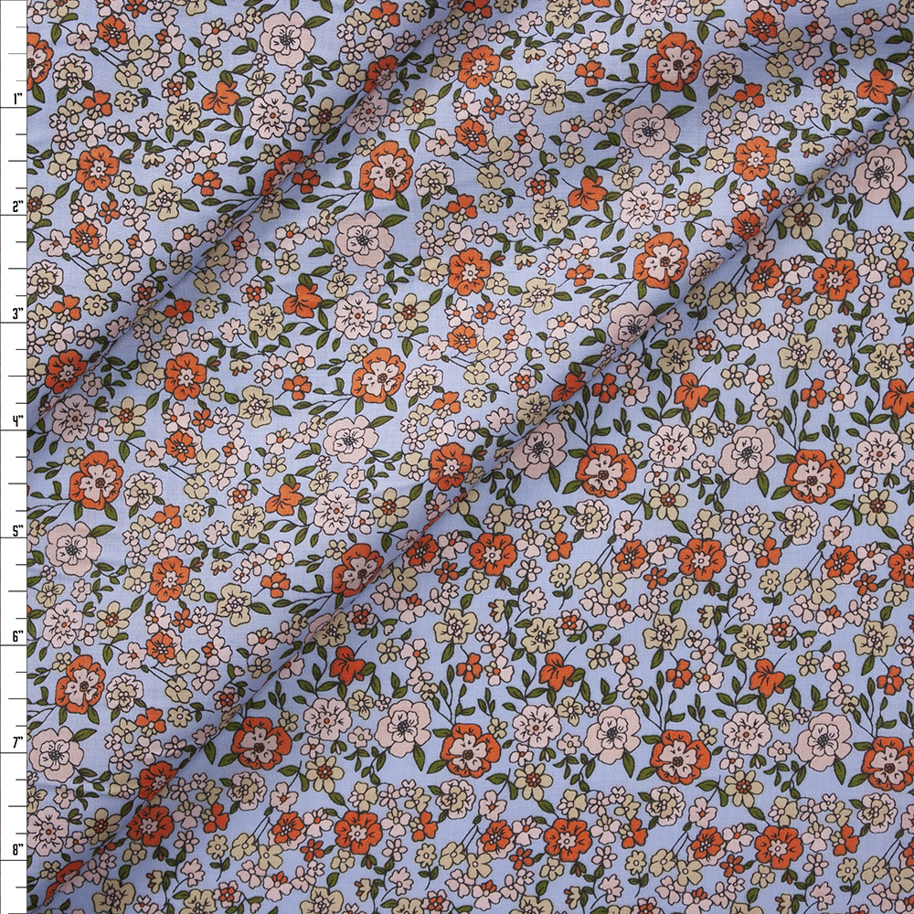 Small Floral on Light Blue Designer Cotton Lawn Fabric By The Yard