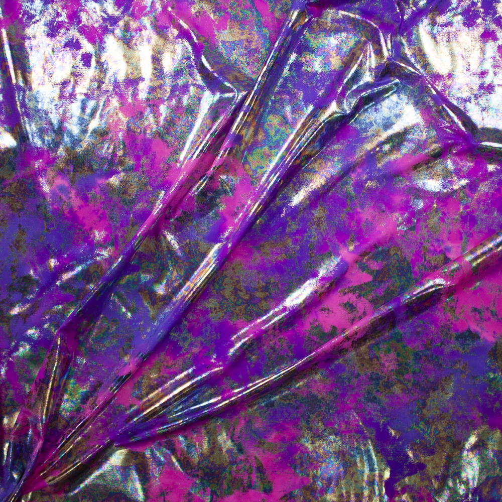 Grunge Oil Slick Metallic on Pink and Purple Tie Dye Nylon/Spandex Fabric By The Yard - Wide shot