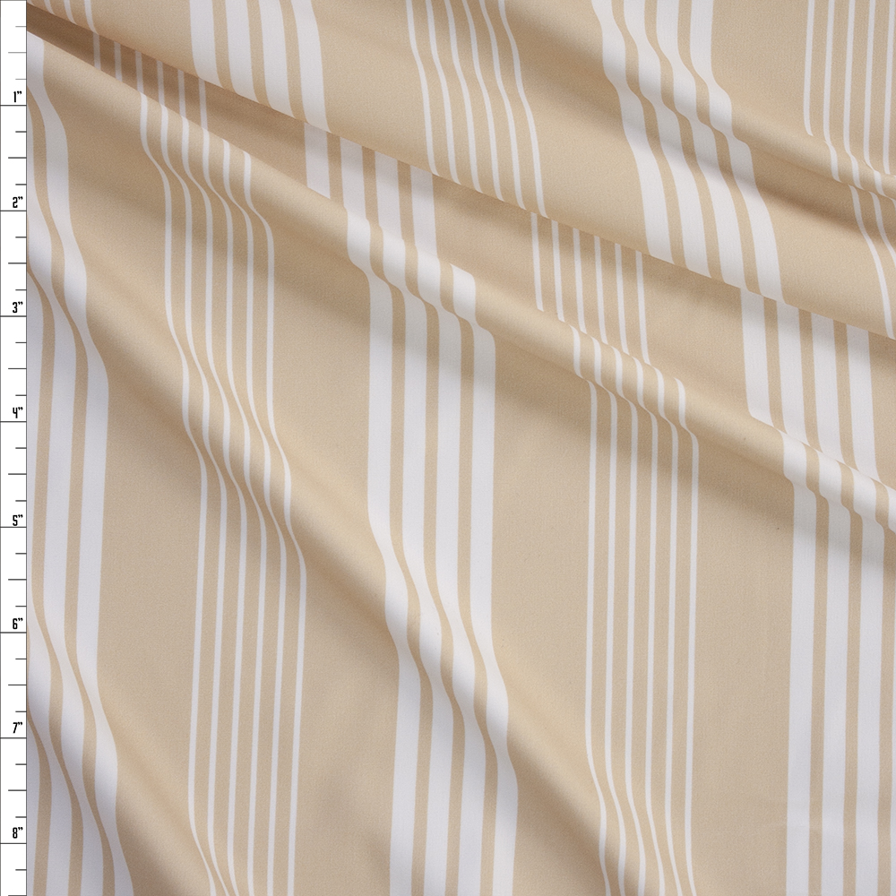 Tan and White Stripe Designer Nylon/Spandex Fabric By The Yard