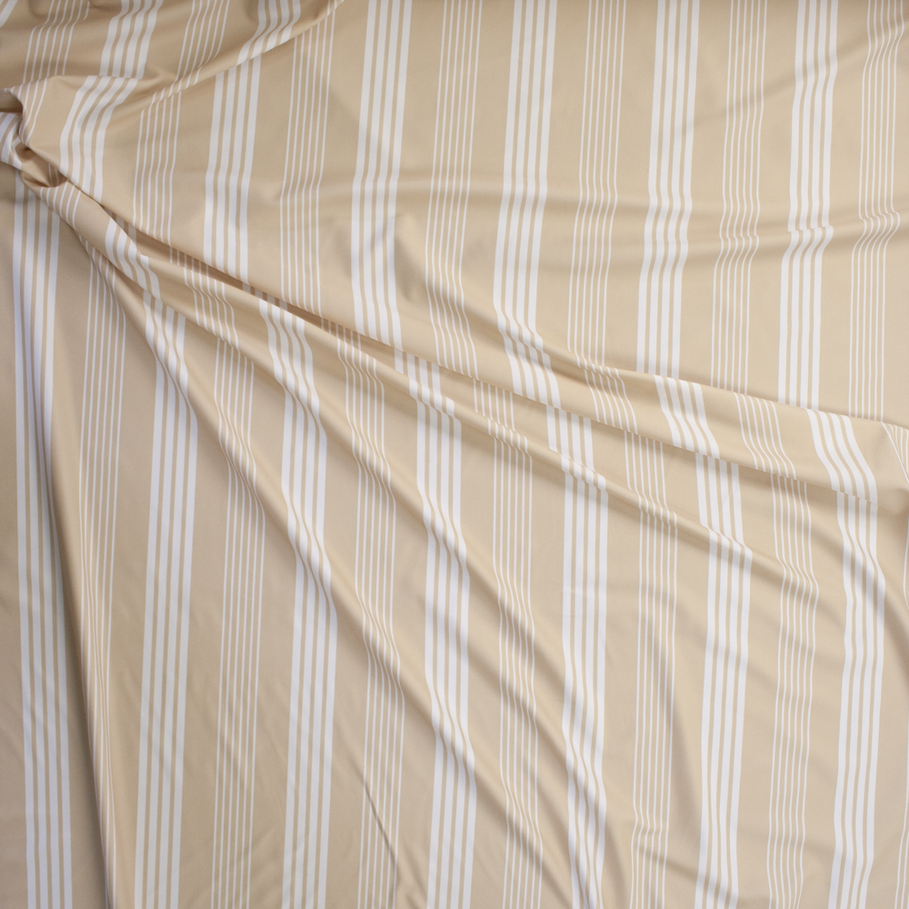 Tan and White Stripe Designer Nylon/Spandex Fabric By The Yard - Wide shot