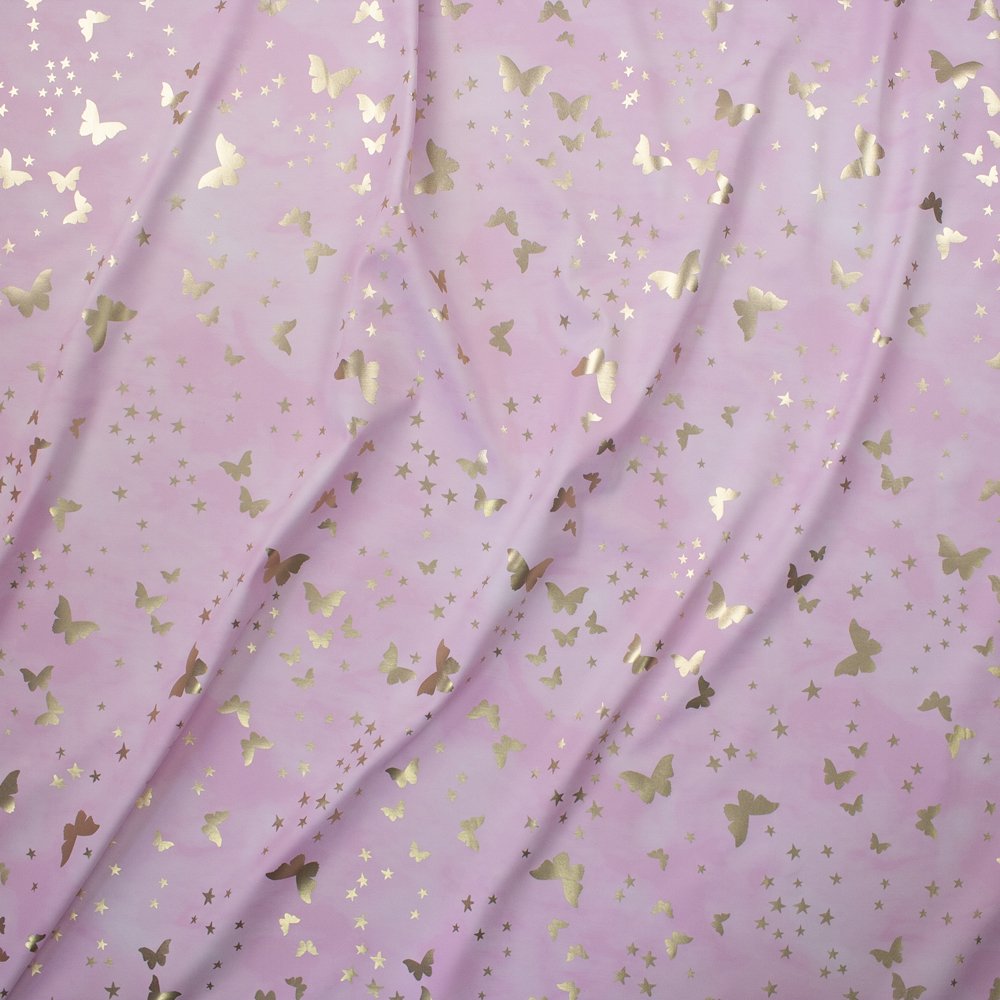 Metallic Gold Butterflies on Pink/Pink Tie Dye Designer Nylon/Spandex Fabric By The Yard - Wide shot