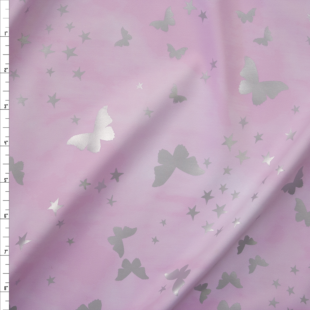 Metallic Silver Butterflies on Pink/Pink Tie Dye Designer Nylon/Spandex Fabric By The Yard