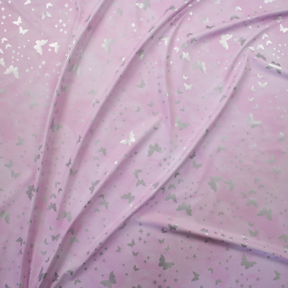 Metallic Silver Butterflies on Pink/Pink Tie Dye Designer Nylon/Spandex Fabric By The Yard - Wide shot