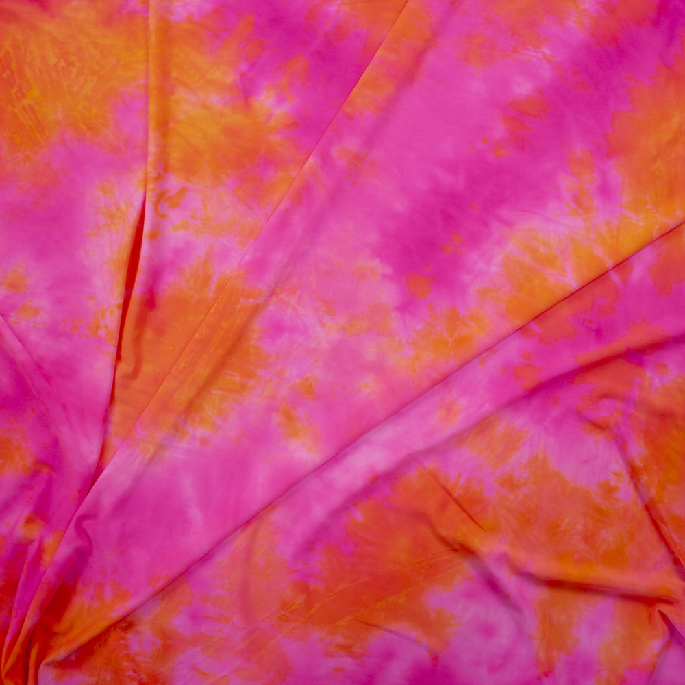 Vibrant Orange and Pink Tie Dye Designer Nylon/Spandex Fabric By The Yard - Wide shot