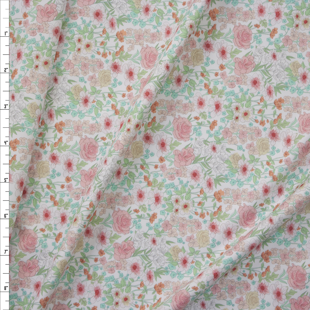 Pink, Green, and Aqua Small Floral on White Designer Nylon/Spandex Fabric By The Yard