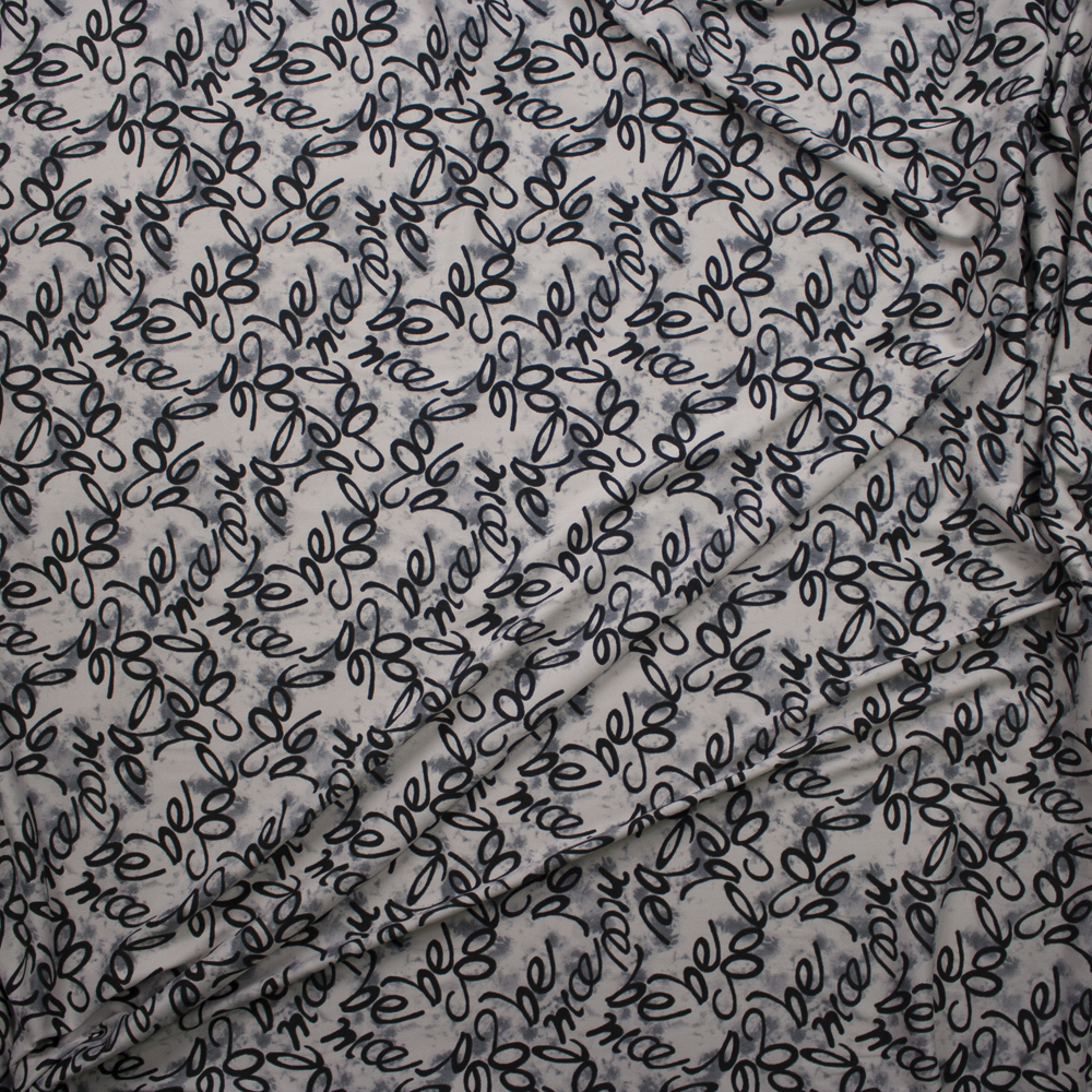 Grey and Black Be Nice, Be Cool Whimsical Print Double Brushed Poly Knit Fabric By The Yard - Wide shot