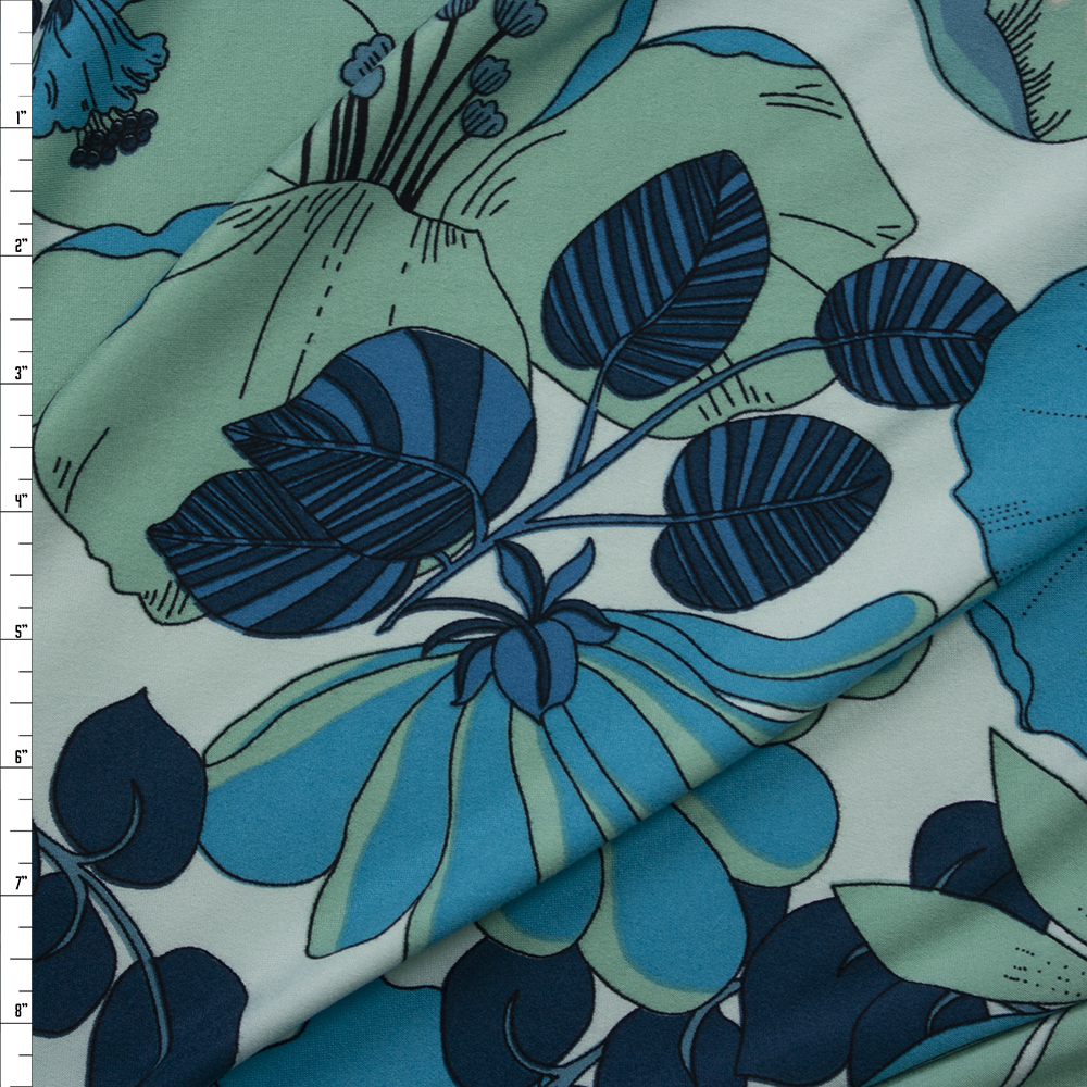 Aqua, Seafoam, and Turquoise Floral Double Brushed Poly Knit Fabric By The Yard