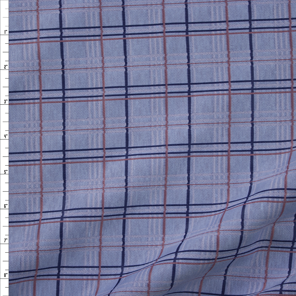 Blue and Pink Plaid Designer Double Knit Fabric By The Yard
