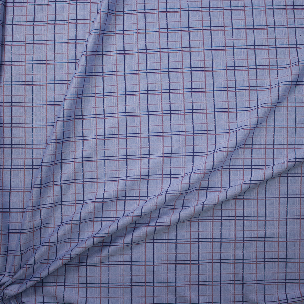 Blue and Pink Plaid Designer Double Knit Fabric By The Yard - Wide shot