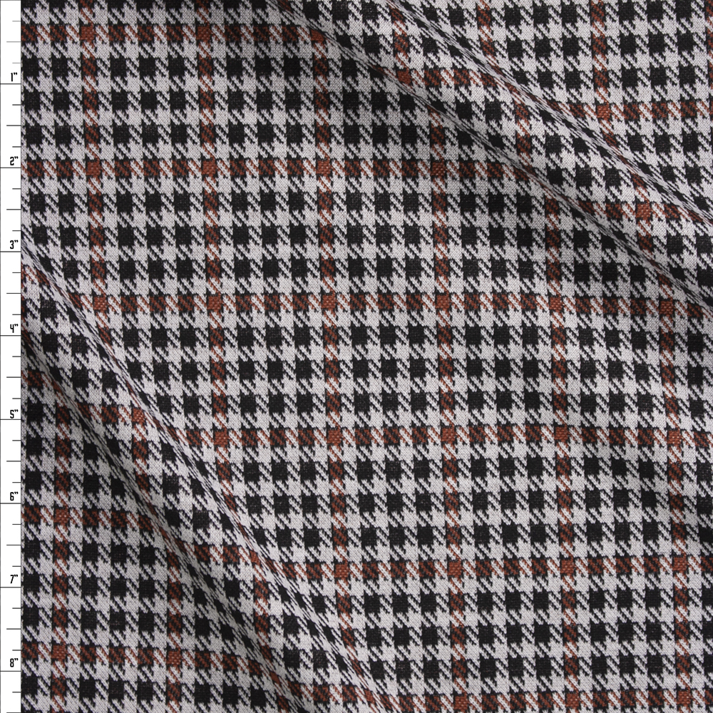 Grey, Black, and Rust Houndstooth Designer Double Knit Fabric By The Yard