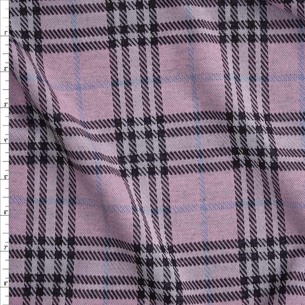 Pink, Grey, Black, and Light Blue Plaid Designer Double Knit Fabric By The Yard