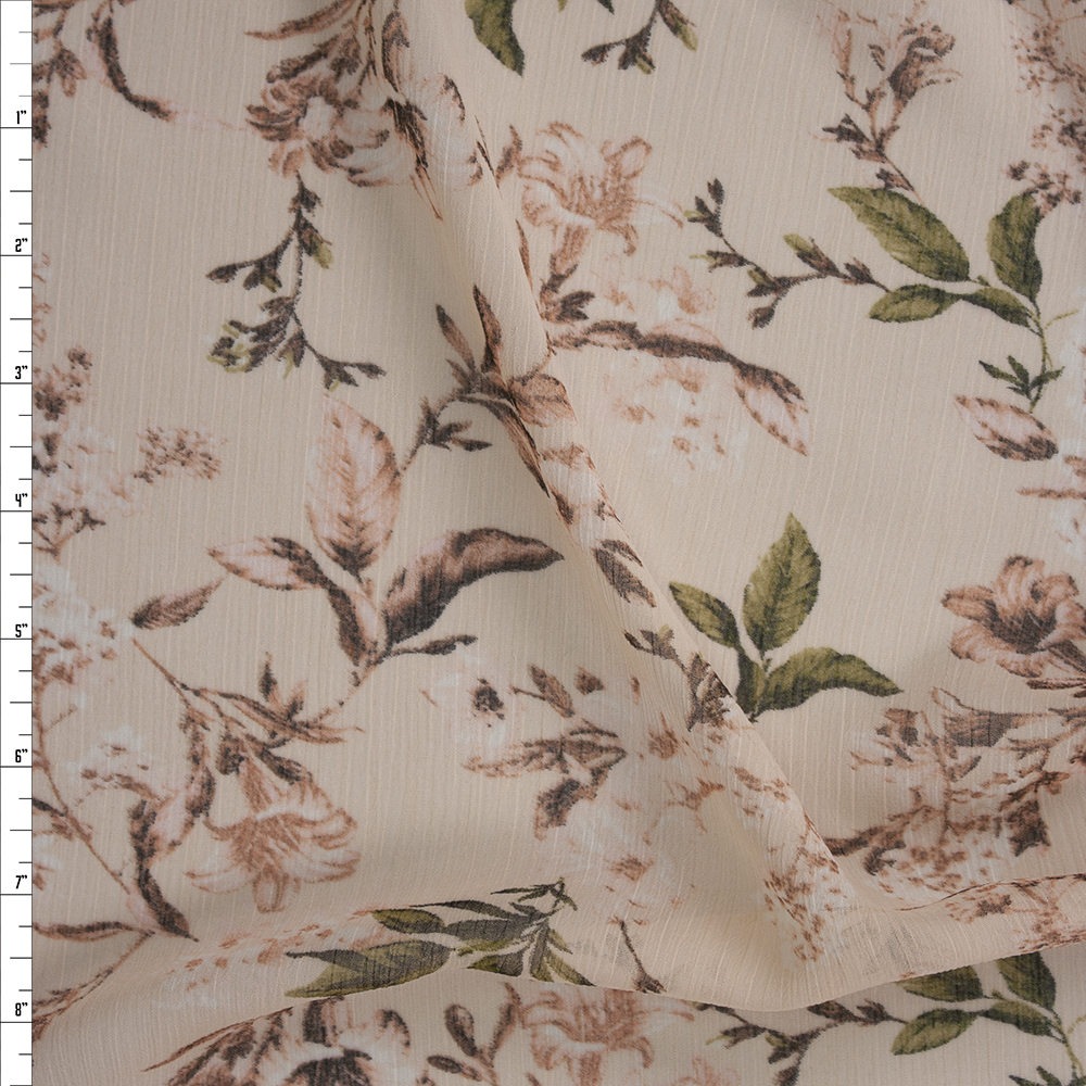 Sage and Brown Antique Floral on Blush Crinkle Chiffon Fabric By The Yard