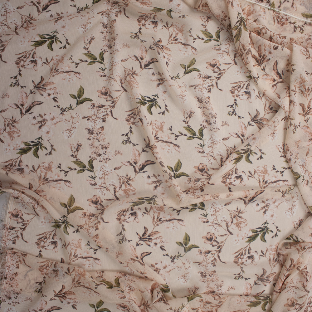 Sage and Brown Antique Floral on Blush Crinkle Chiffon Fabric By The Yard - Wide shot
