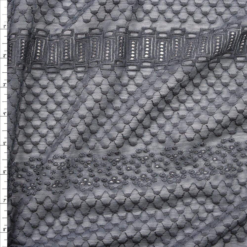 Black Embroidered Pattern on Black Crinkle Chiffon Fabric By The Yard