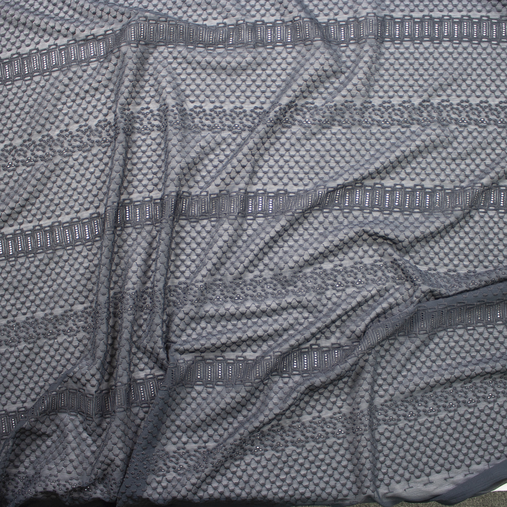 Black Embroidered Pattern on Black Crinkle Chiffon Fabric By The Yard - Wide shot