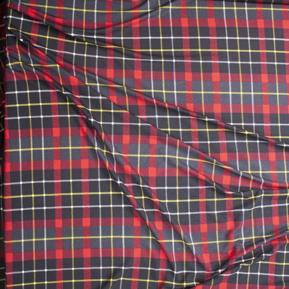Red, Black, White, and Yellow Plaid Soft Rayon French Terry Fabric By The Yard - Wide shot