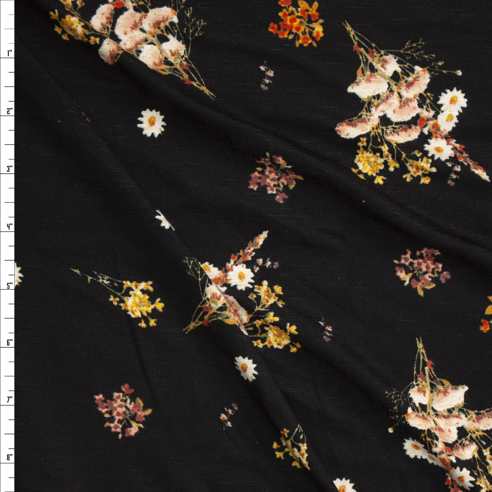 Orange and Mustard Wildflowers on Black Stretch Rayon Jersey Fabric By The Yard