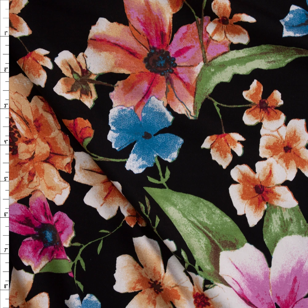 Rust, Magenta, and Slate Large Floral on Black Stretch Rayon Jersey Fabric By The Yard