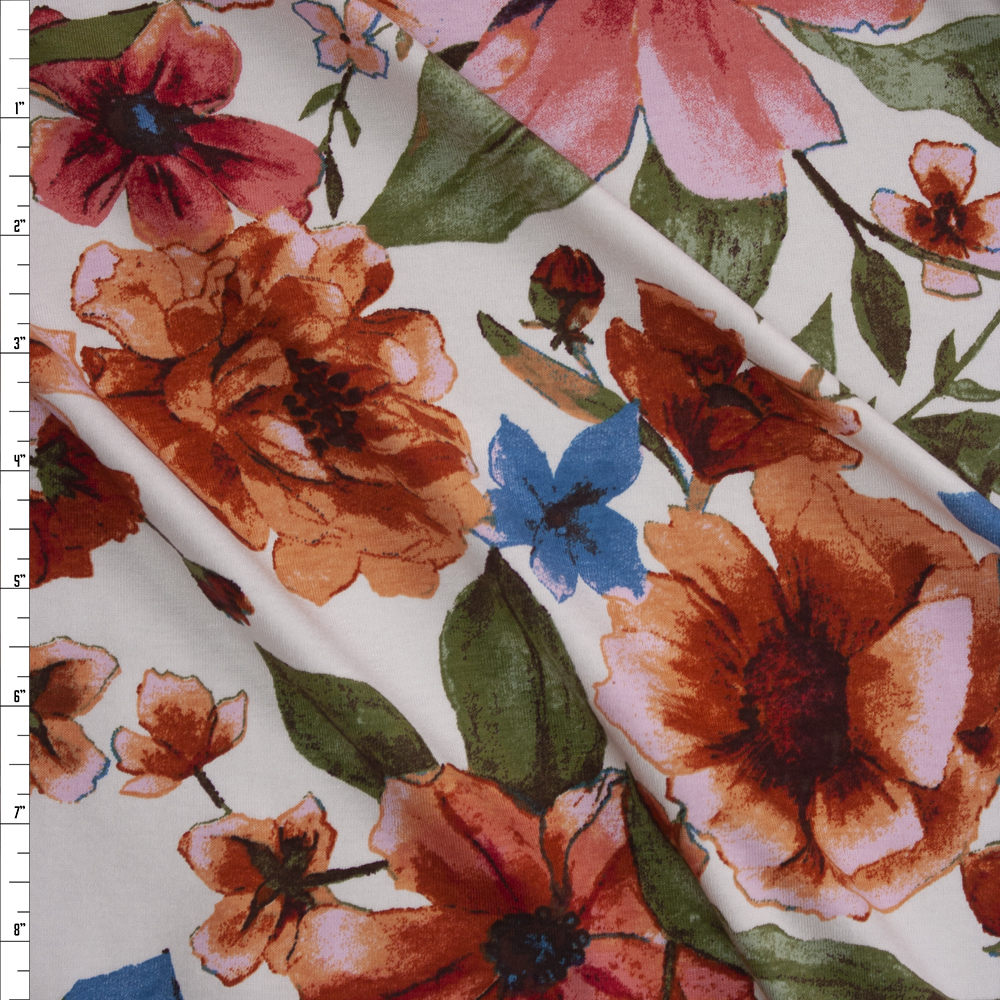 Rust, Pink, and Slate Large Floral on White Stretch Rayon Jersey Fabric By The Yard