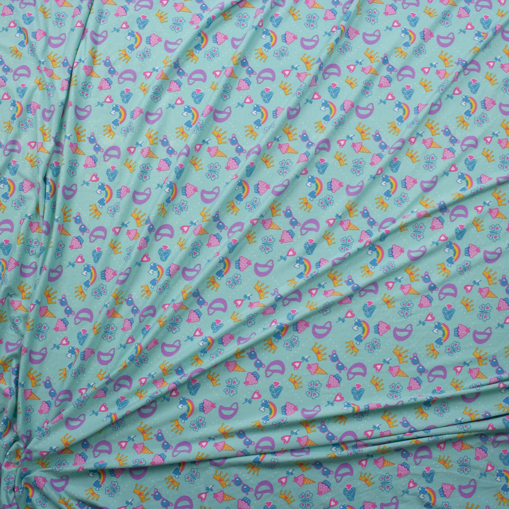 Princess Cupcake on Aqua Double Brushed Poly/Spandex Knit Fabric By The Yard - Wide shot