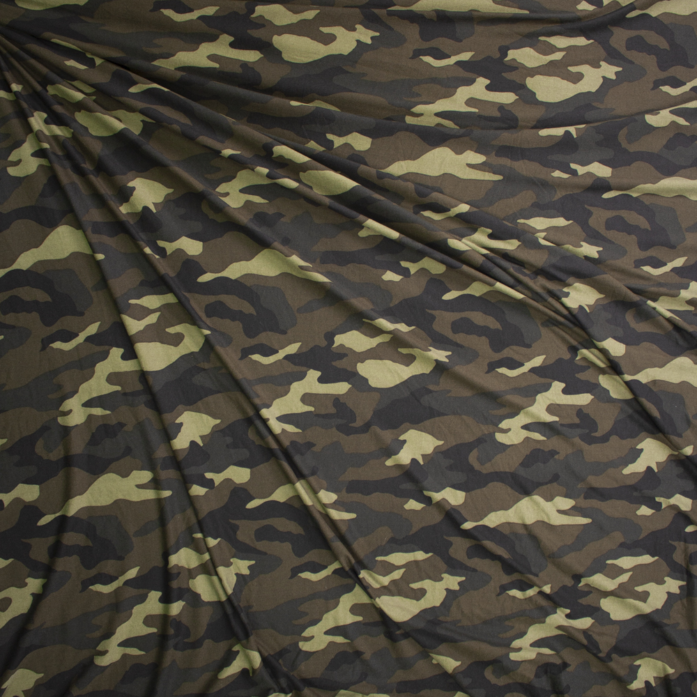 Dark Moss Camo Double Brushed Poly/Spandex Knit Fabric By The Yard - Wide shot