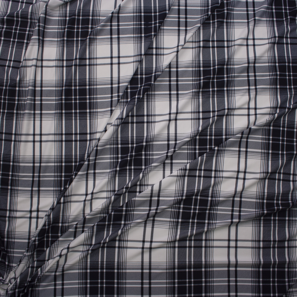 Navy and White Plaid Double Brushed Poly/Spandex Knit Fabric By The Yard - Wide shot