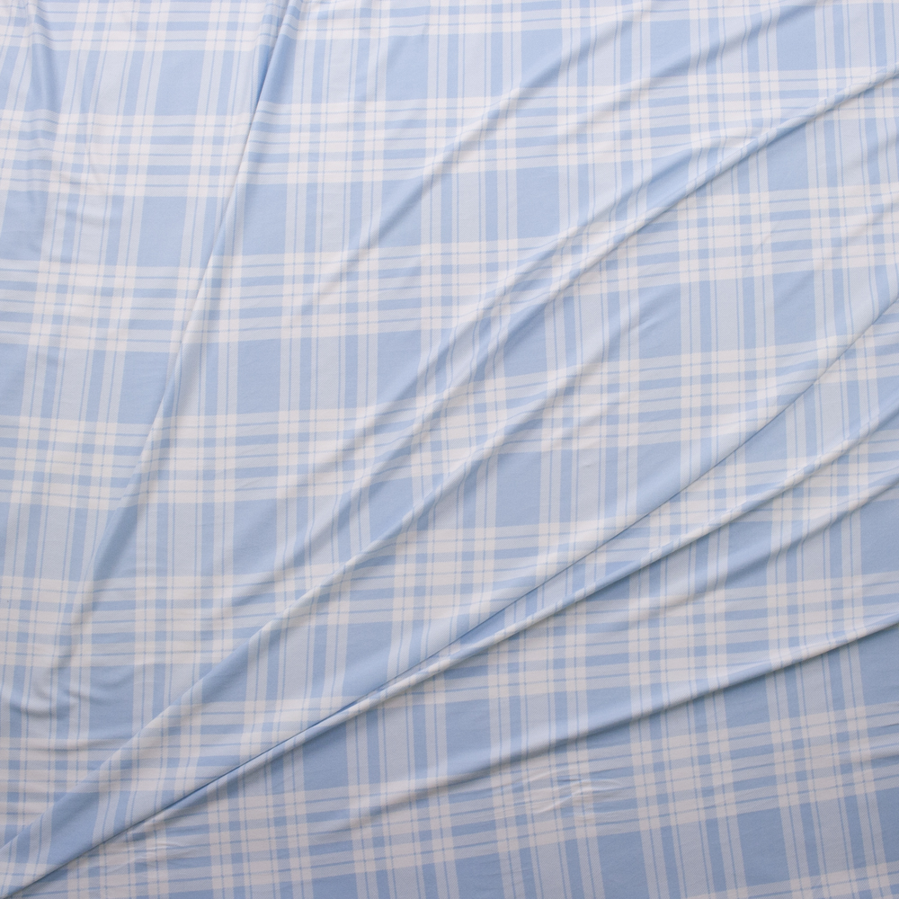 Baby Blue and White Plaid Double Brushed Poly/Spandex Knit Fabric By The Yard - Wide shot