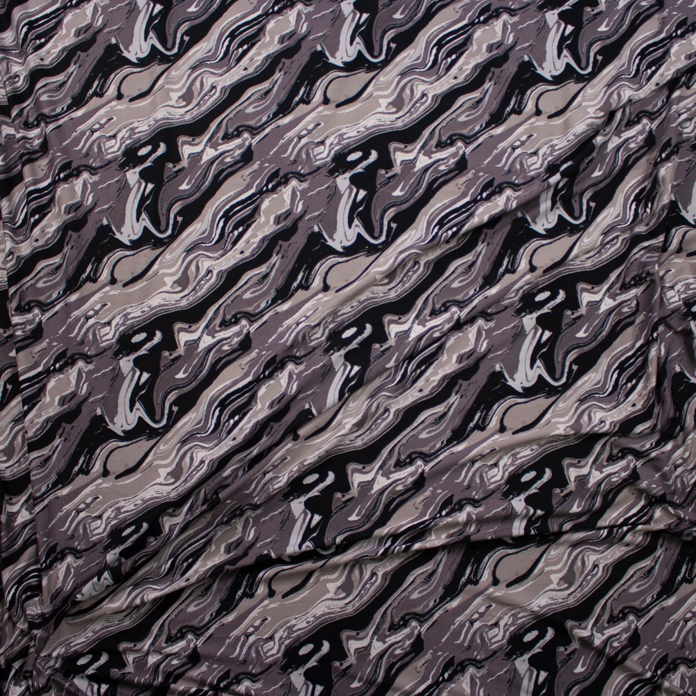 Black, Charcoal, Taupe, and White Paint Swirls Double Brushed Poly/Spandex Knit Fabric By The Yard - Wide shot