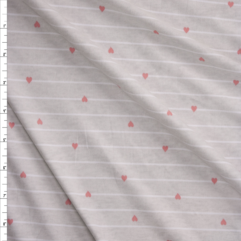 Pink Hearts on White and Heather Grey Stripe Double Brushed Poly/Spandex Knit Fabric By The Yard