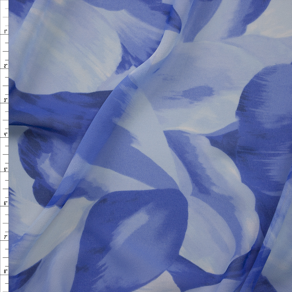 Royal and Light Blue Flower Petal Watercolor Designer Poly Chiffon Fabric By The Yard