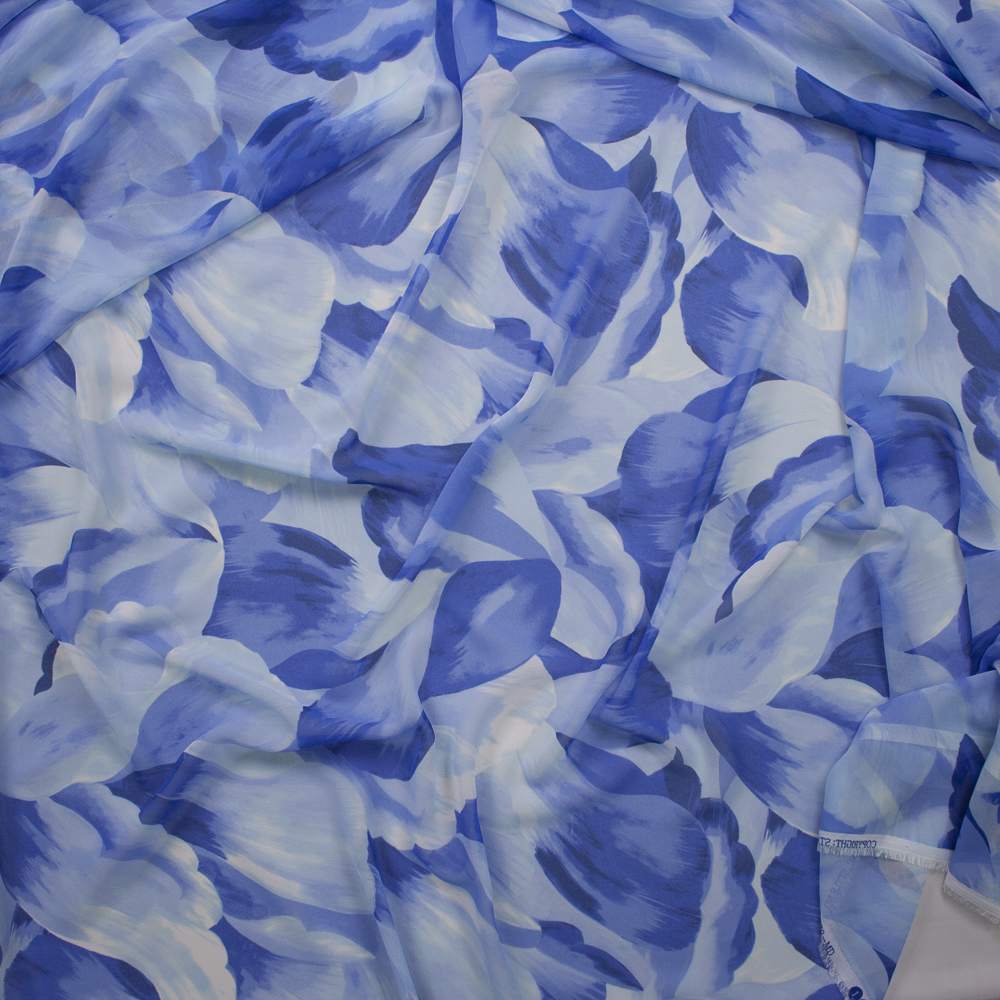 Royal and Light Blue Flower Petal Watercolor Designer Poly Chiffon Fabric By The Yard - Wide shot