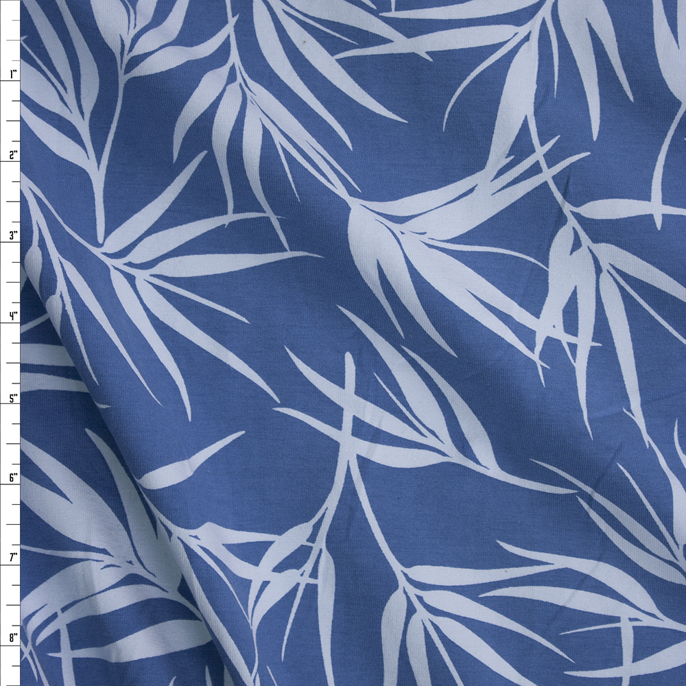Light Blue Bamboo Leaves on Denim Blue Fabric By The Yard