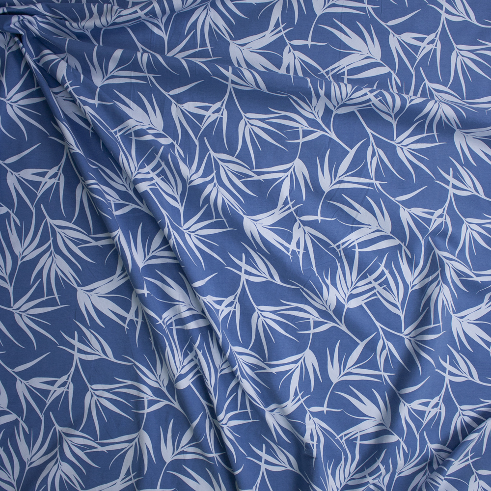 Light Blue Bamboo Leaves on Denim Blue Fabric By The Yard - Wide shot