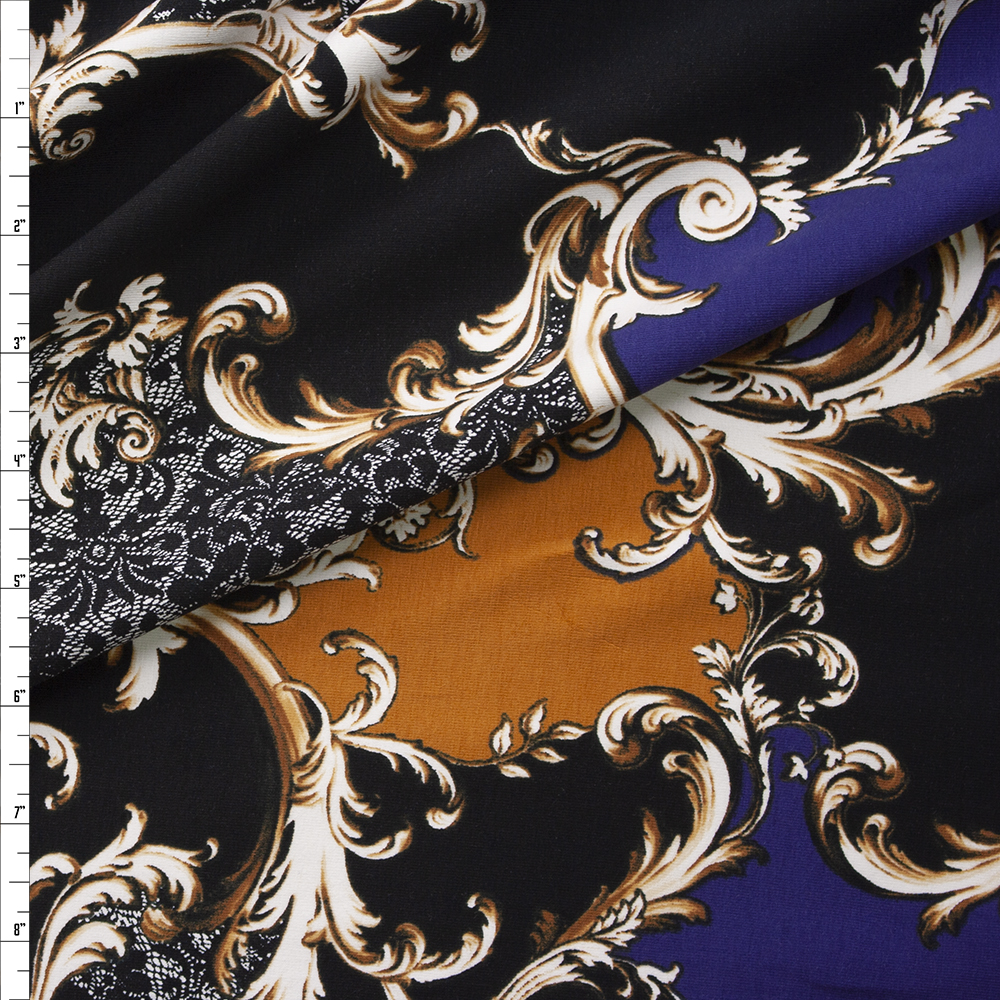 Blue, Caramel, and Lace Scrollwork Patches Fabric By The Yard