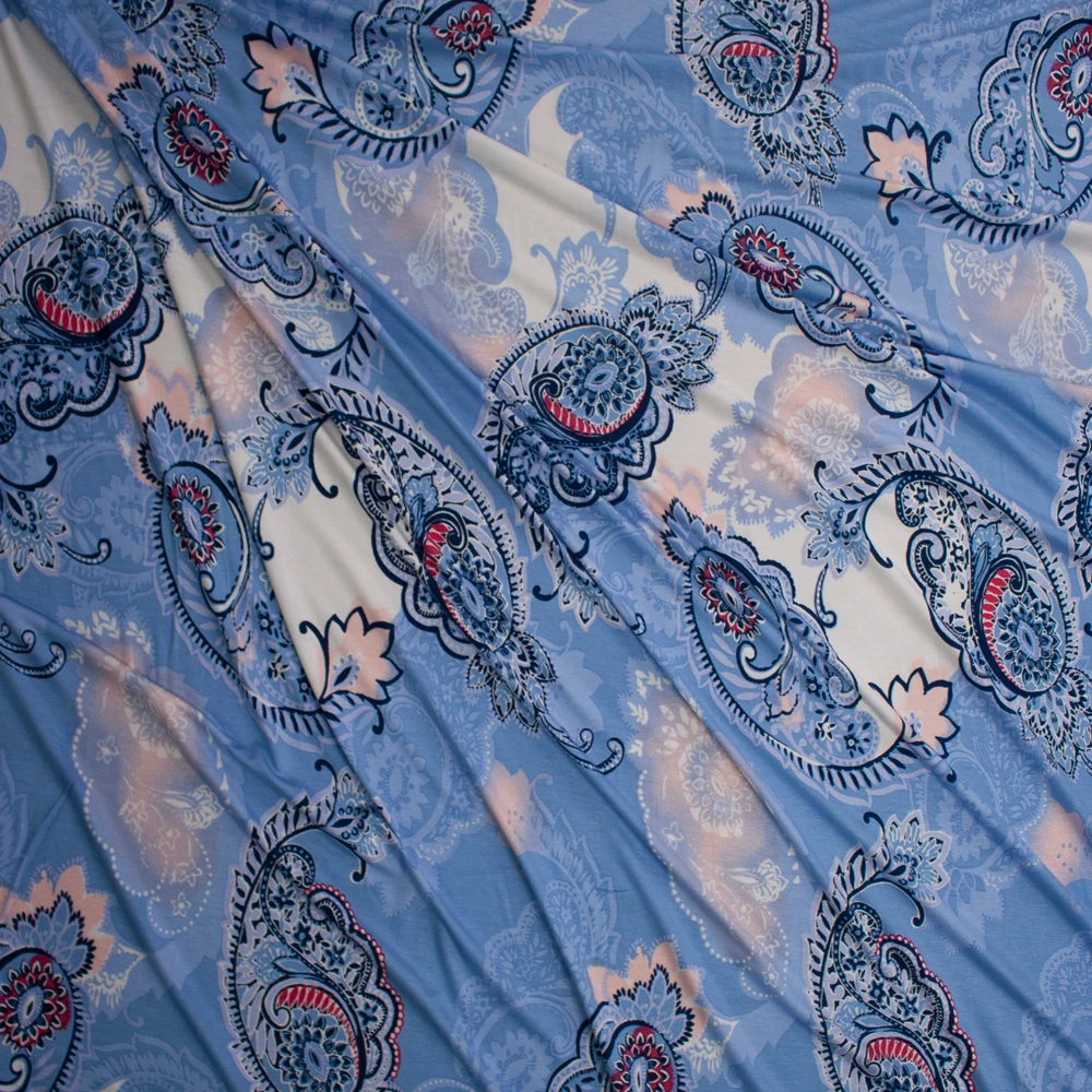 Sky Blue, Pink, and Red Paisleys Fabric By The Yard - Wide shot
