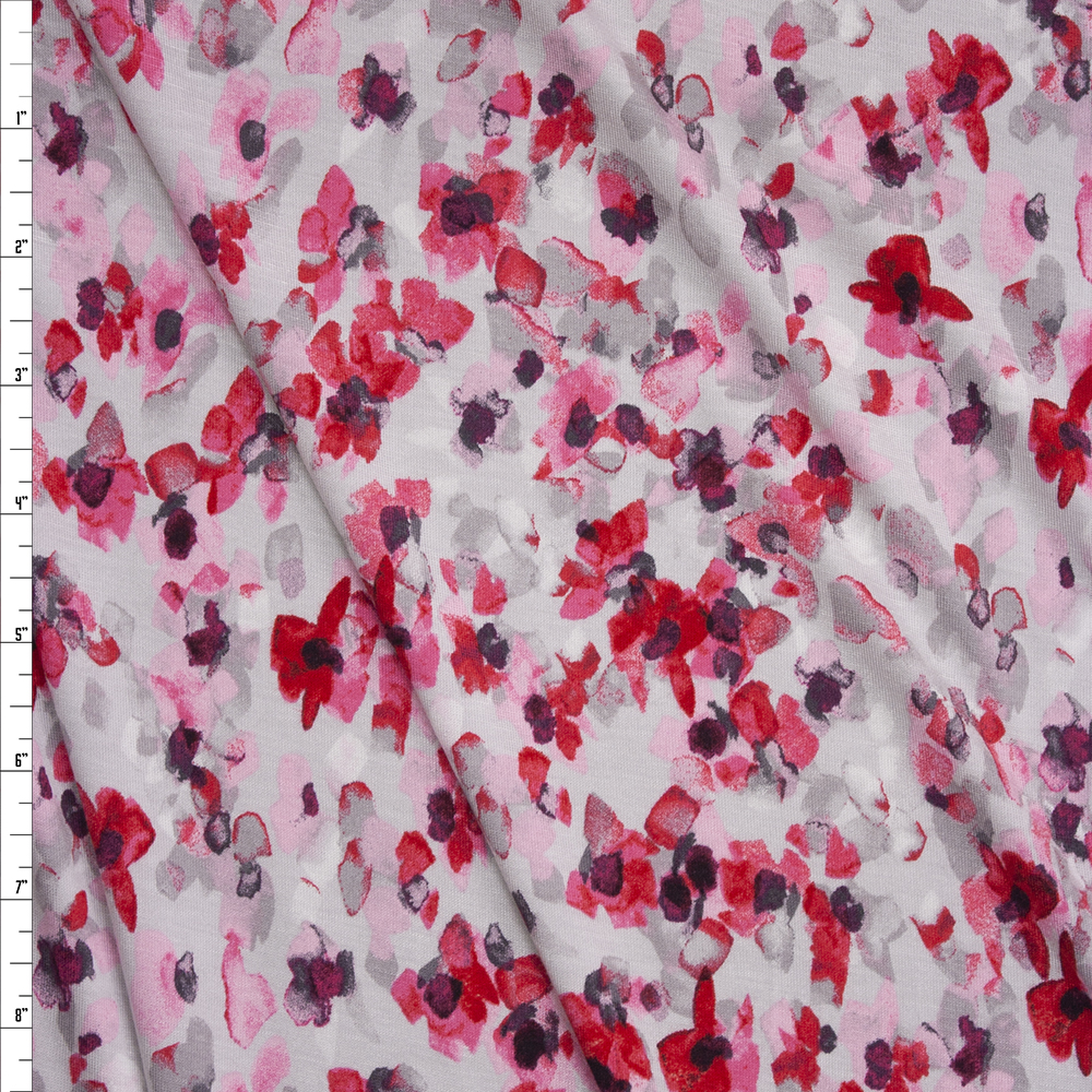 Red, Pink, and Silver Floral Watercolors Fabric By The Yard