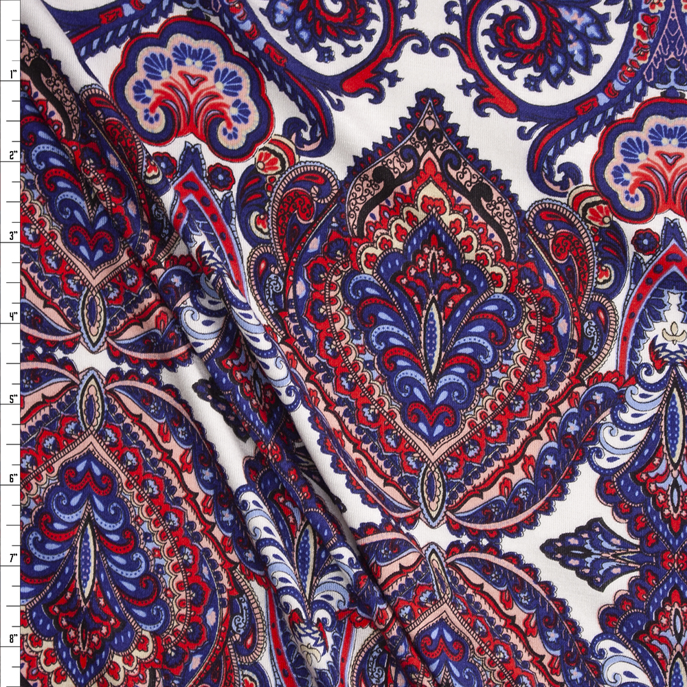 Red, Blue, Light Blue, Peach, and White Scrolling Ornamental Fabric By The Yard