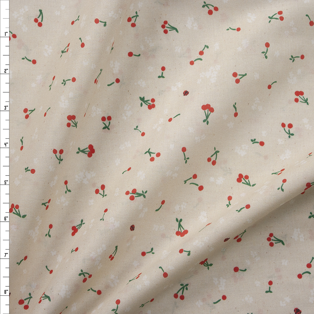 Cheery Blossom Natural Tiny Cherries Cotton Lawn from Robert Kaufman Fabric By The Yard