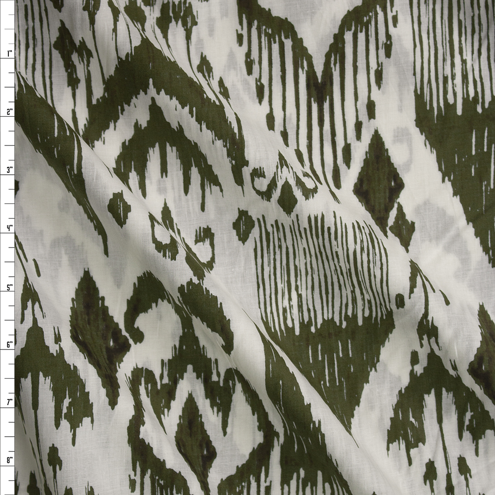 Olive Ikat on Ivory Cotton Voile Fabric By The Yard