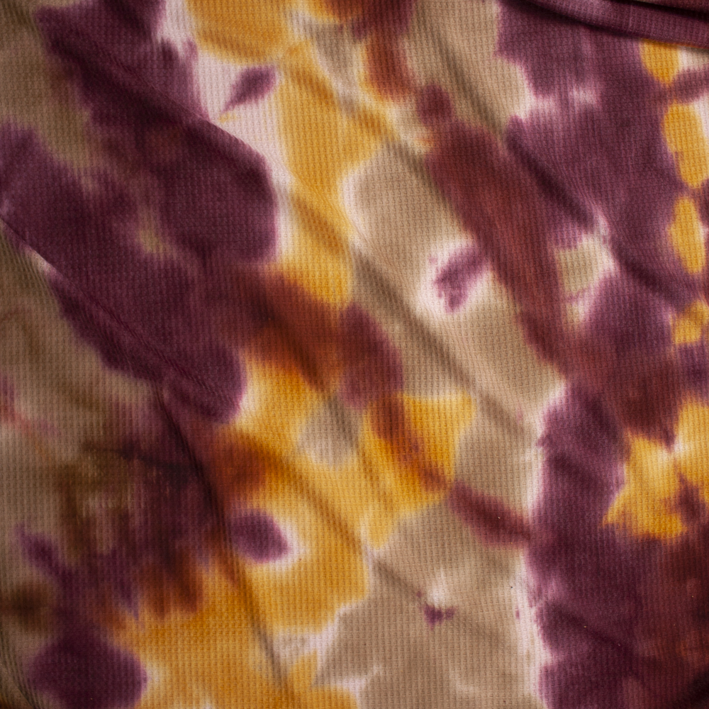 Wine, Yellow, and Tan Tie Dye Waffle Knit Fabric By The Yard - Wide shot