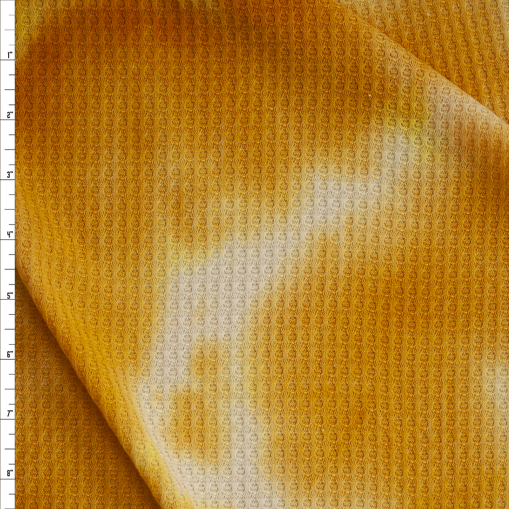Mustard and Offwhite Tie Dye Waffle Knit Fabric By The Yard